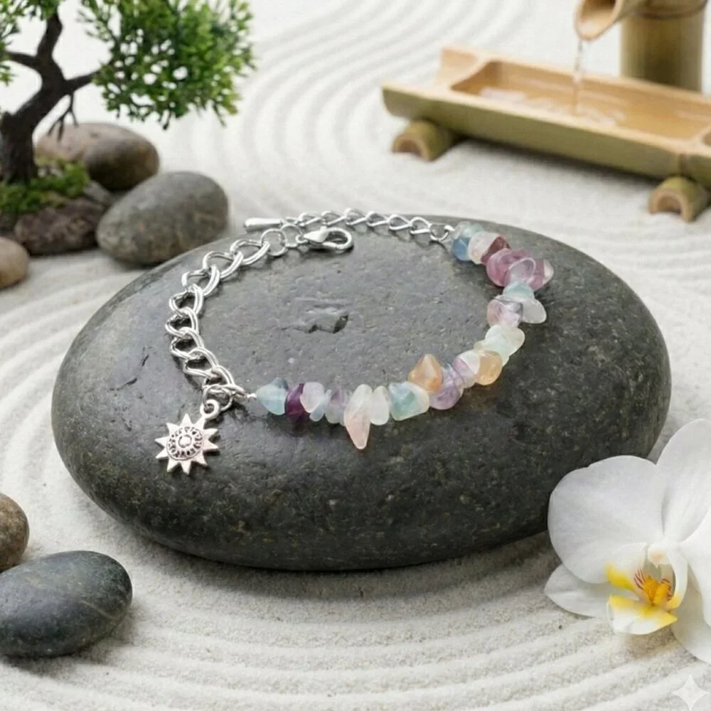 Rainbow Fluorite Silver Plated Bracelet Sun Charm Celestial Boho Crystal 7.5